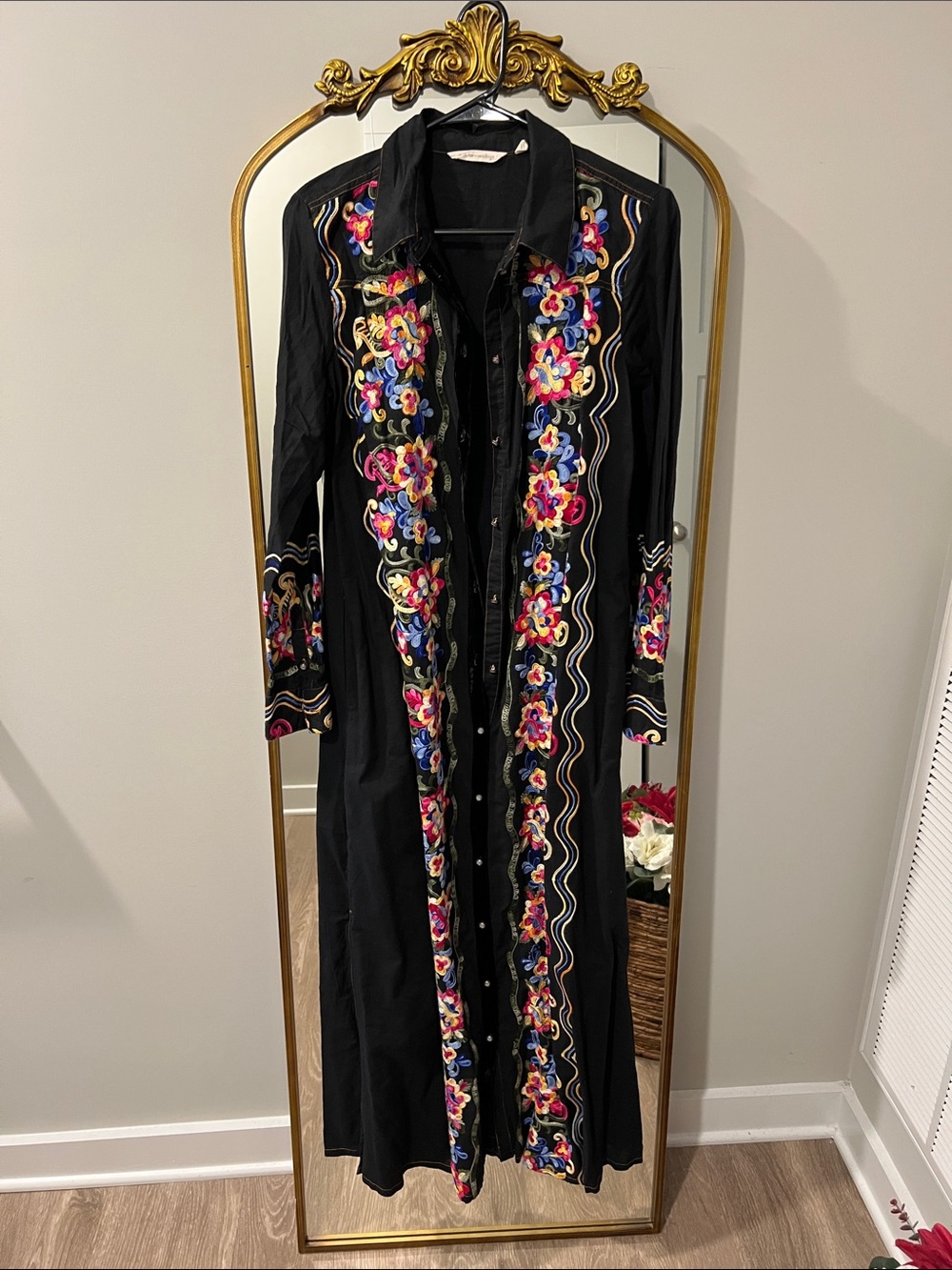 Soft Surroundings Black Long Embroidered Floral Trim Shirt Dress
